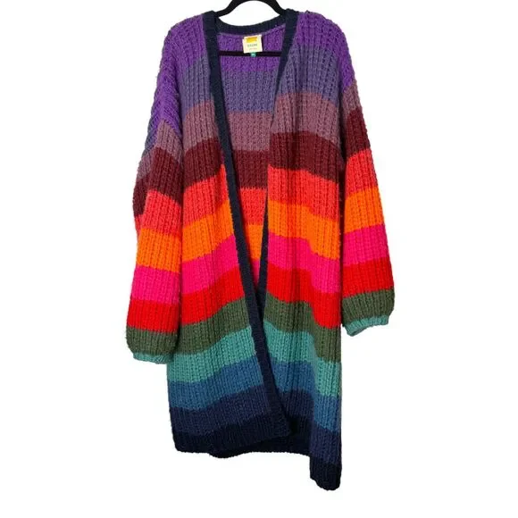 Farm Rio Chunky Wool Rainbow Cardigan Sweater Long Line Oversized Medium Large - Picture 3 of 7